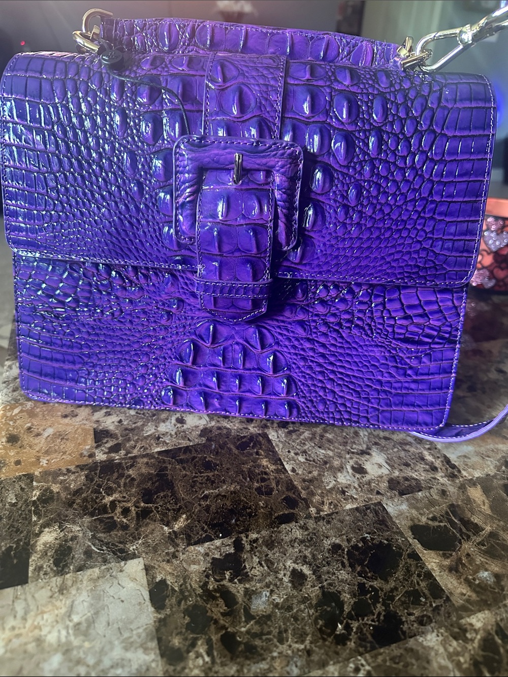 Brahmin Purple Croc-Embossed Buckle Shoulder Bag